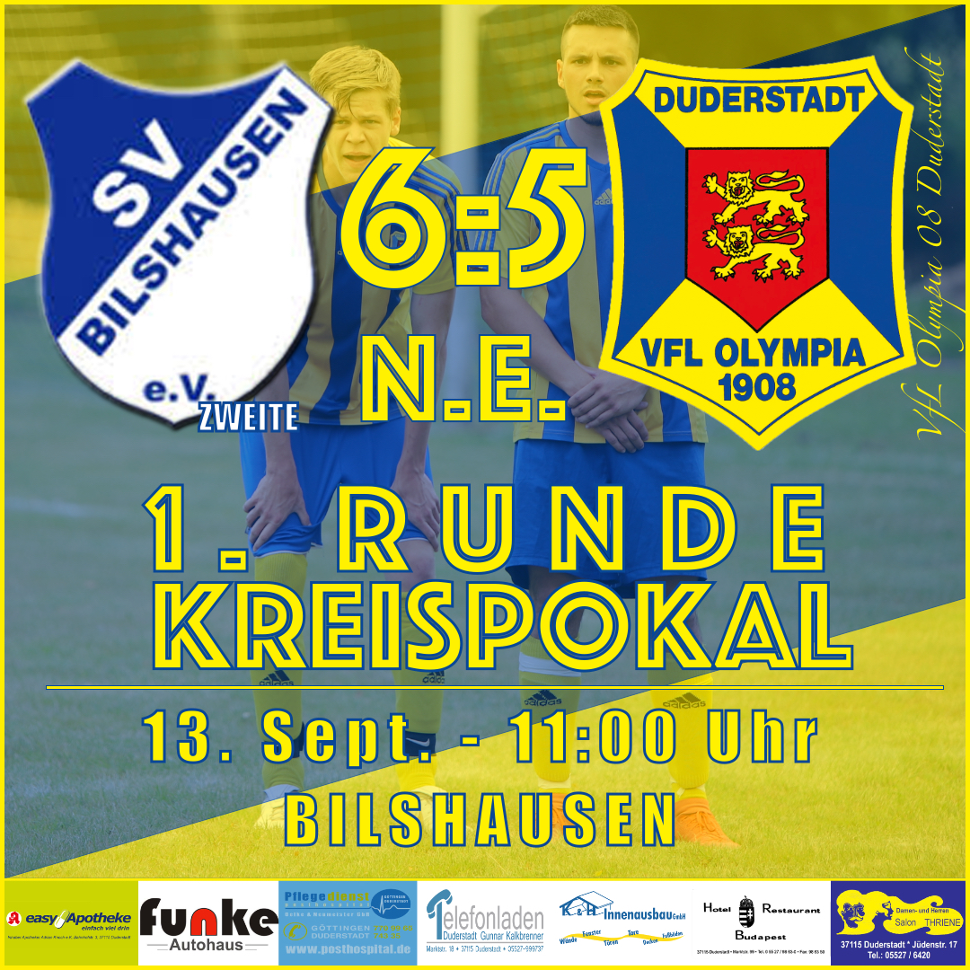Mehr über den Artikel erfahren Spielbericht – 1. Runde Kreispokal – SV BW Bilshausen II v VfL Oly. 08 Duderstadt – 6:5 n.E. – 13.09.2020