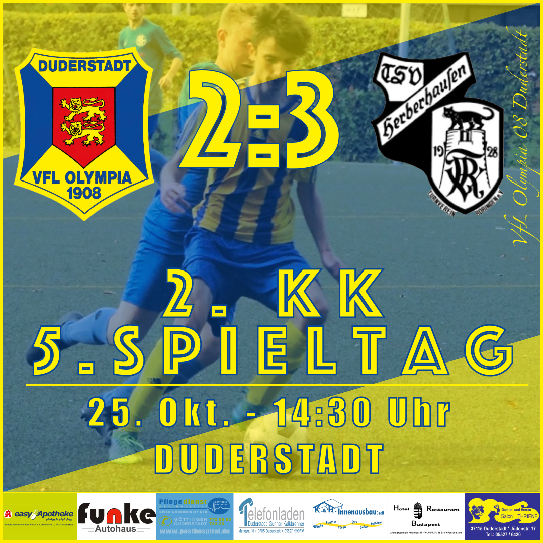 Mehr über den Artikel erfahren Spielbericht – 5. Spieltag 2. KK – VfL Oly. 08 Duderstadt v SG Herberhausen/Roringen– 2:3 – 25.10.2020